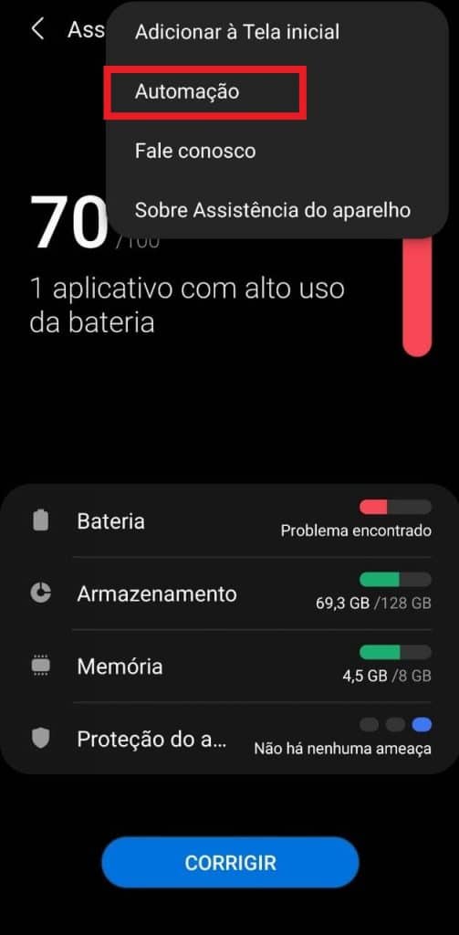 Print do sistema operacional de um celular Samsung