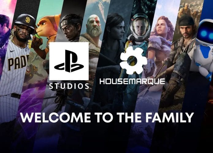 Imagem promocional da Sony dá boas-vidas ao estúdio Housemarque e exibe personagens de outros títulos exclusivos do PlayStation, como Kratos e Ellie
