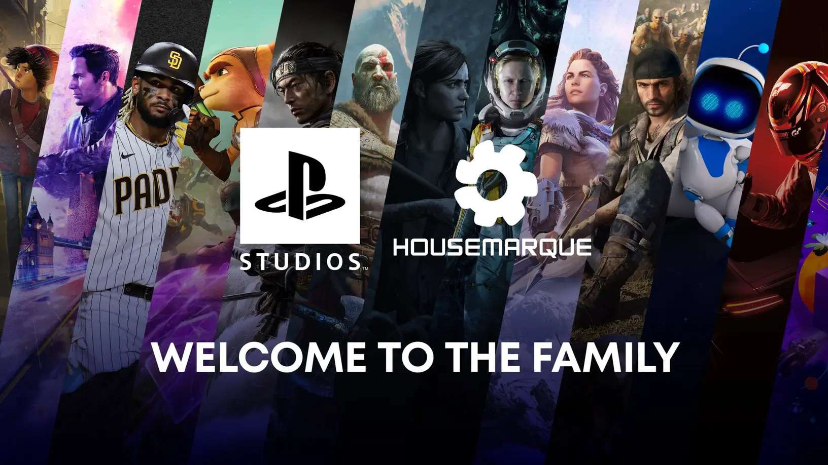 Imagem promocional da Sony dá boas-vidas ao estúdio Housemarque e exibe personagens de outros títulos exclusivos do PlayStation, como Kratos e Ellie