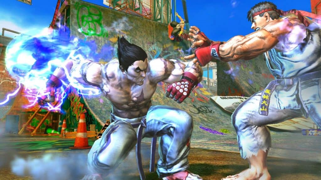 O personagem Kazuya enfrenta Ryu em imagem do jogo Street Fighter X Tekken.