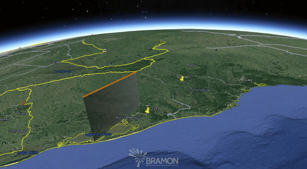 Trajetória do Meteoro pela Atmosfera. Créditos: BRAMON