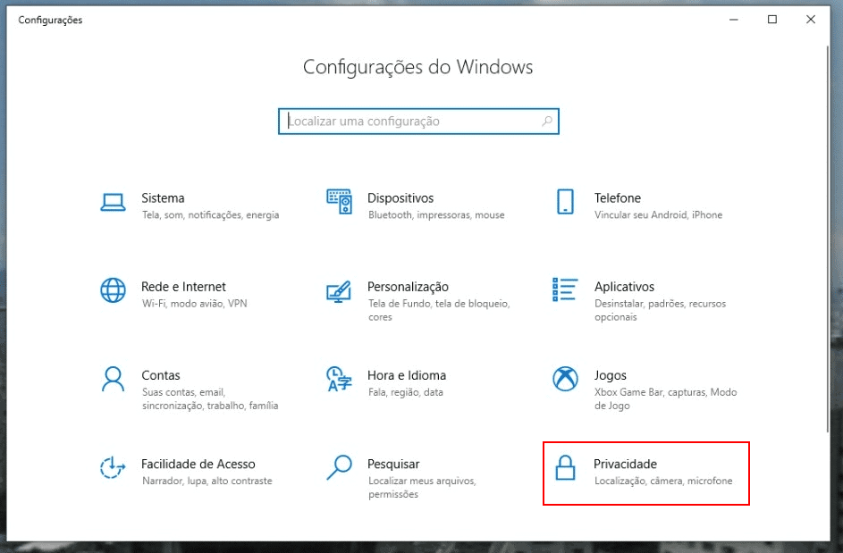 Acessando as configurações de privacidade do dispositivo