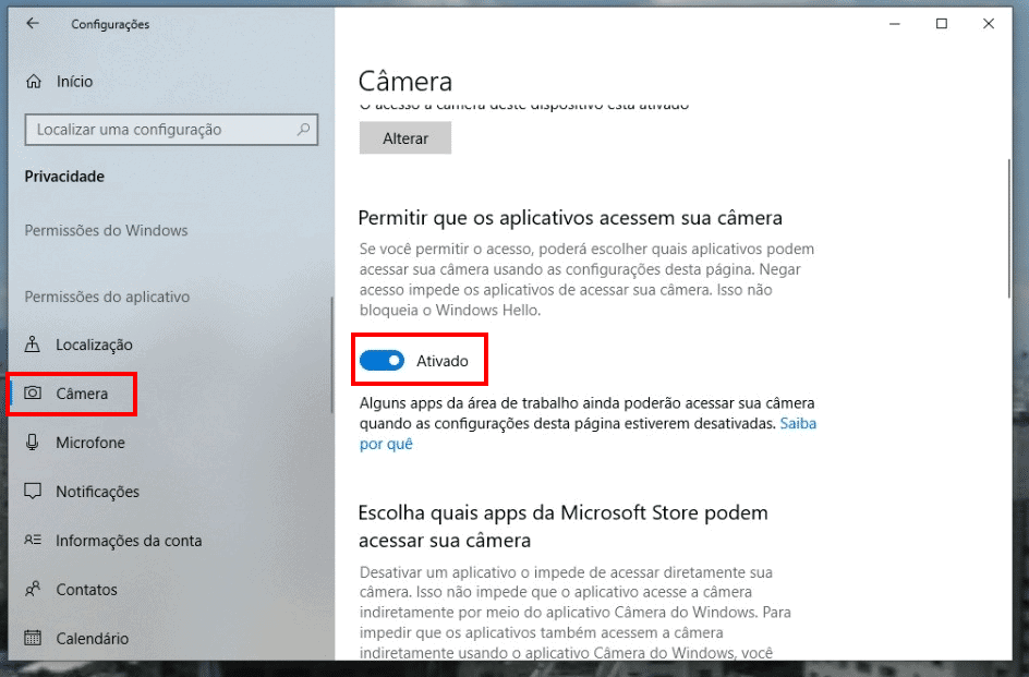 Ativando a câmera do dispositivo