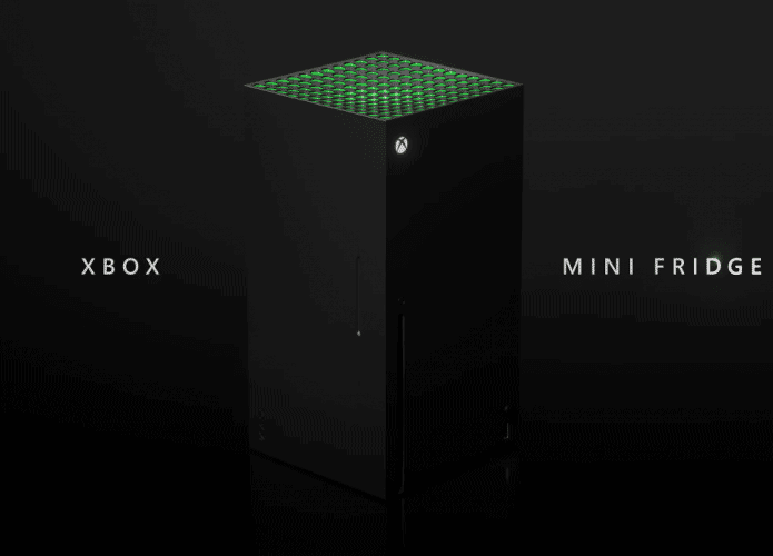 Imagem promocional da mini geladeira Xbox revela eletrodoméstico no formato do console Xbox Series X.