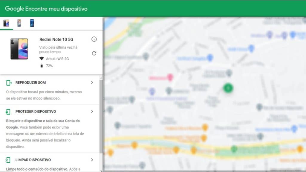 Tela principal do Android Device Manager, o painel de controle de dispositivos do Google, disponibilizado para a segurança de seu usuário