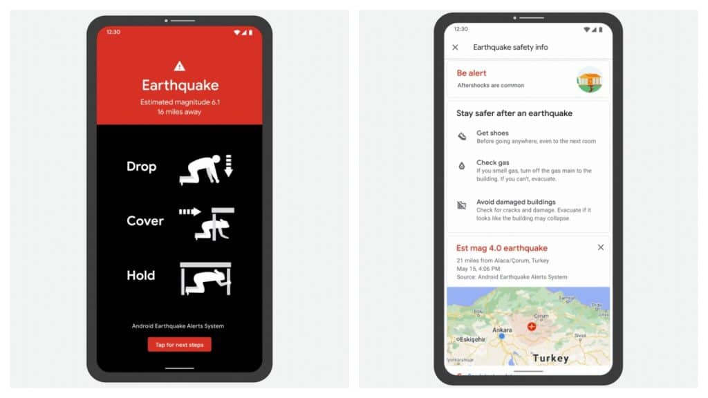 Capturas mostram o alerta de terremotos do Android em funcionamento