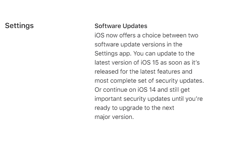 Mudança foi listada na seção 'Configurações' na página de novidades do iOS 15. Imagem: Apple/Reprodução