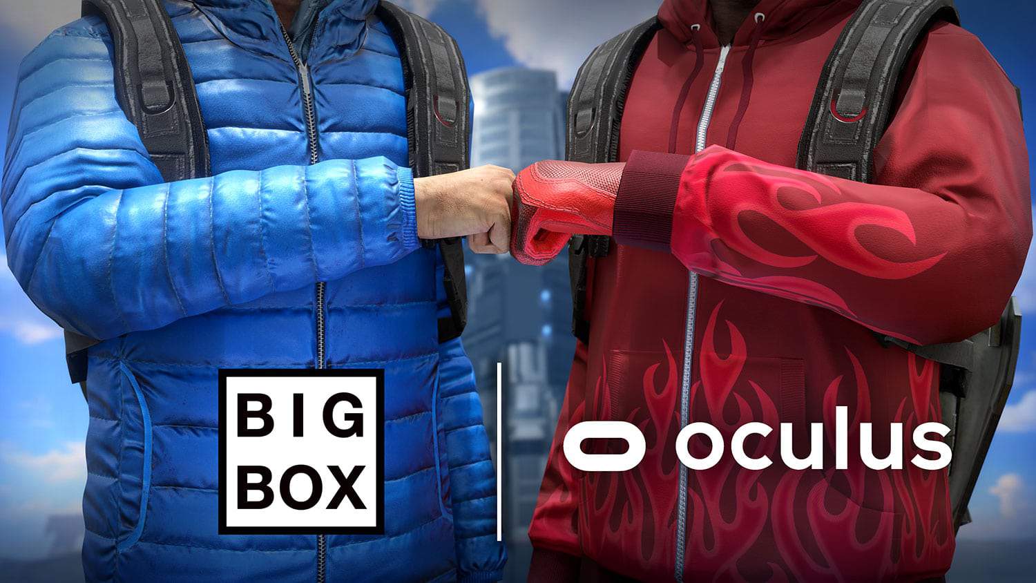 Imagem mostra o torso de dois personagens ilustrados, se cumprimentando com o punho; à frente é possível ver o logotipo das empresas BigBox VR e Oculus, do Facebook
