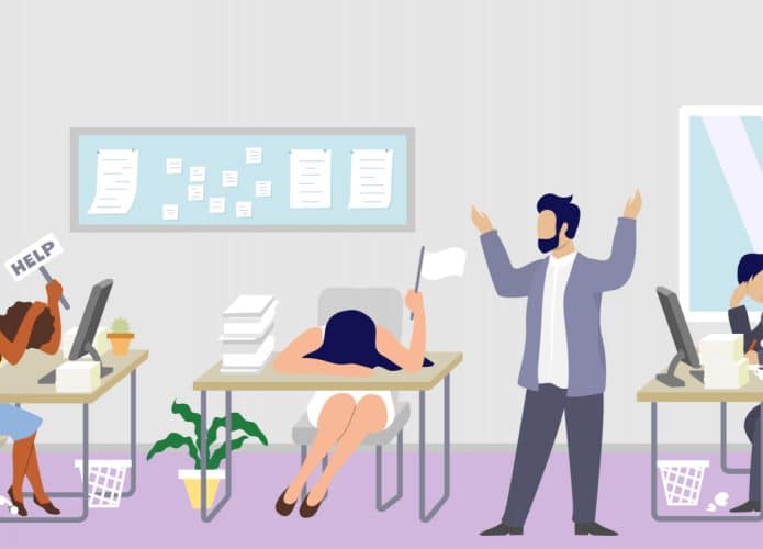 Ilustração de um ambiente de trabalho, onde há funcionários suas mesas, fazendo gestos que demonstram cansaço e estafa