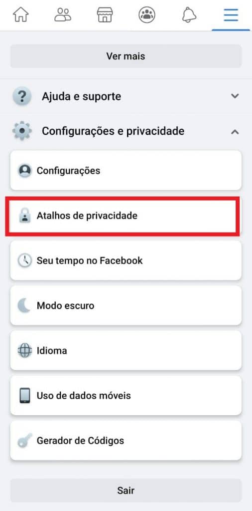 Print do aplicativo do Facebook