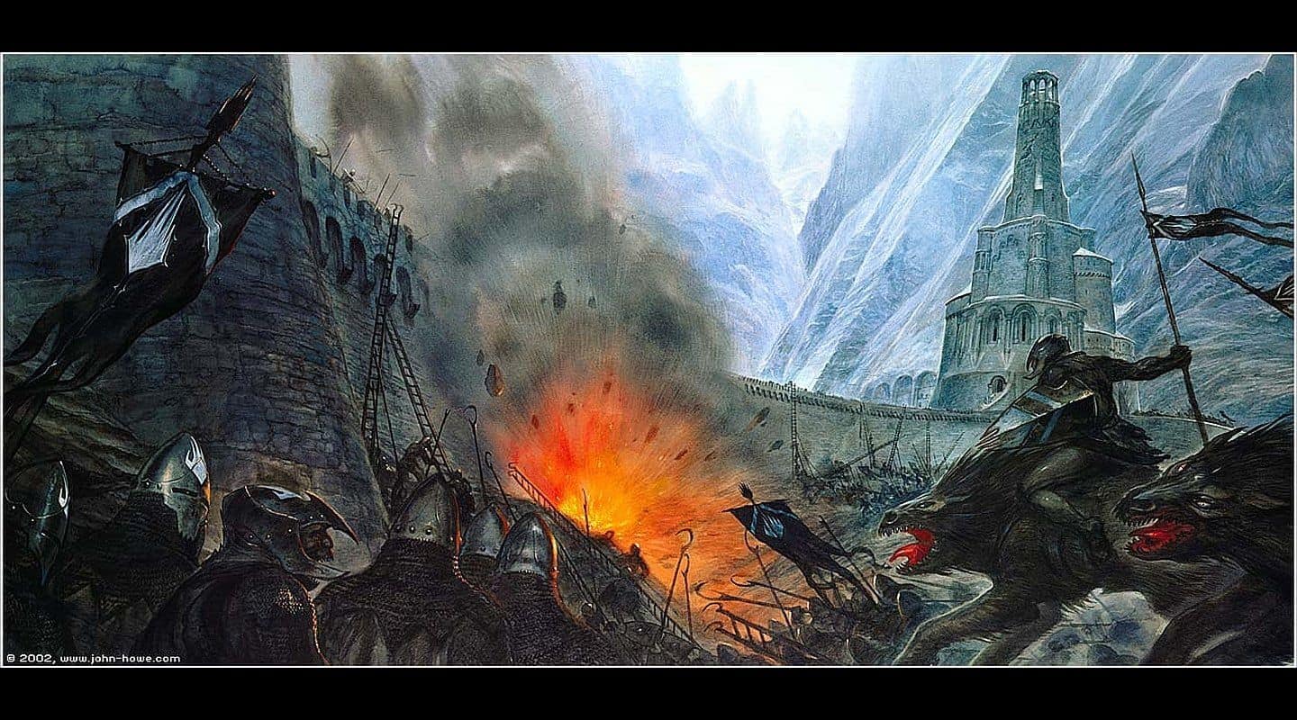 Ilustração da Batalha do Abismo de Helm, feita por John Howe. Imagem: John Howe/Reprodução