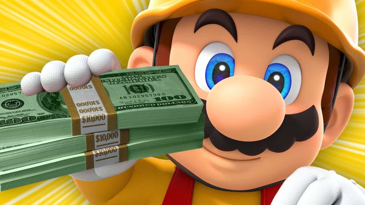 Super Mario segura uma quanta de dinheiro em cena de 'Super Mario 3D World'. Imagem: Nintendo/Divulgação