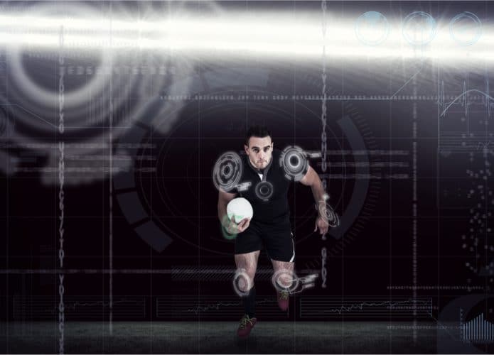Imagem mostra um jogador de rugbi em movimento durante partida do esporte, com símbolos tecnológicos ao seu redor