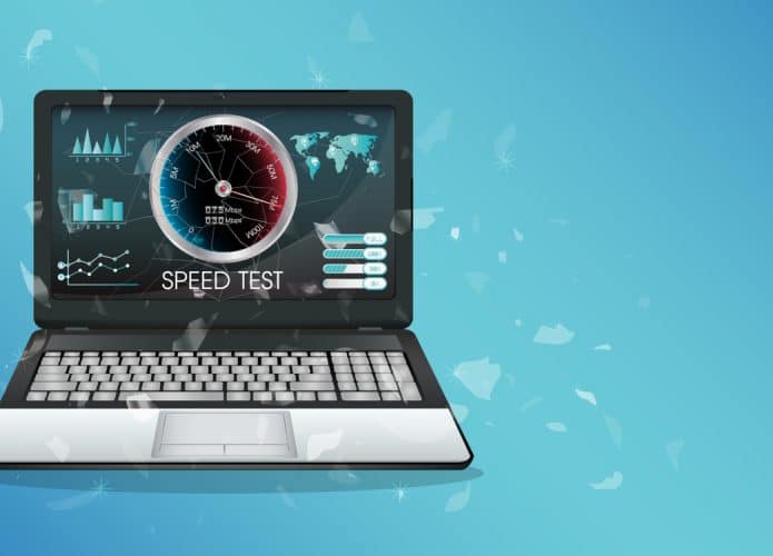 Ilustração mostra um notebook com a tela realizando um teste de velocidade de conexão, ou speed test