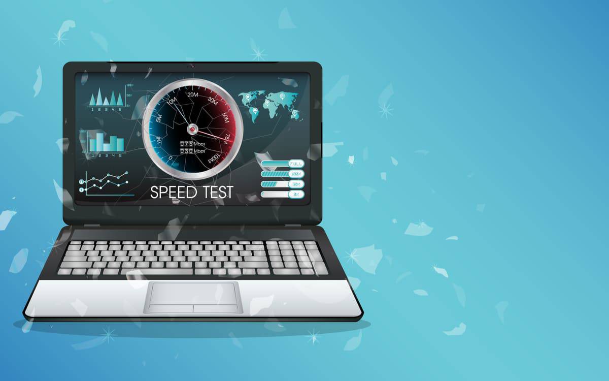 Ilustração mostra um notebook com a tela realizando um teste de velocidade de conexão, ou speed test