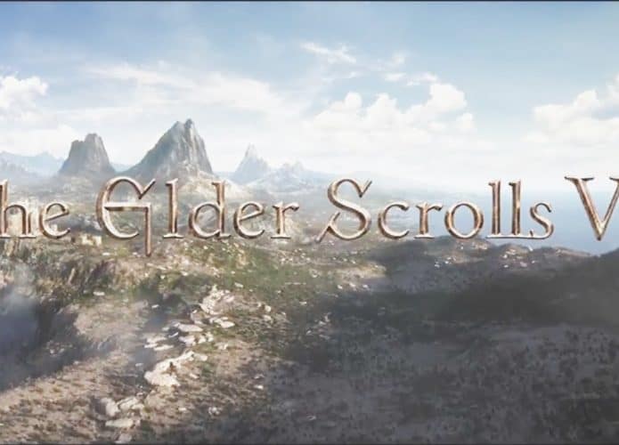 Imagem promocional com o título de The Elder Scrolls VI, em uma paisagem montanhosa