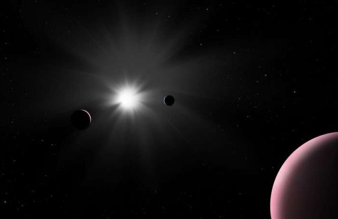 Renderização mostra os três planetas da constelação Lupis, a cerca de 50 anos luz da Terra