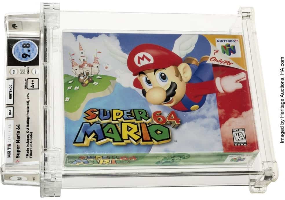 Um cartucho do clássico 'Super Mario 64' da Nintendo estabeleceu um recorde mundial ao ser vendido em leilão por US$ 1,56 milhão. Imagem: Handout / Heritage Auctions