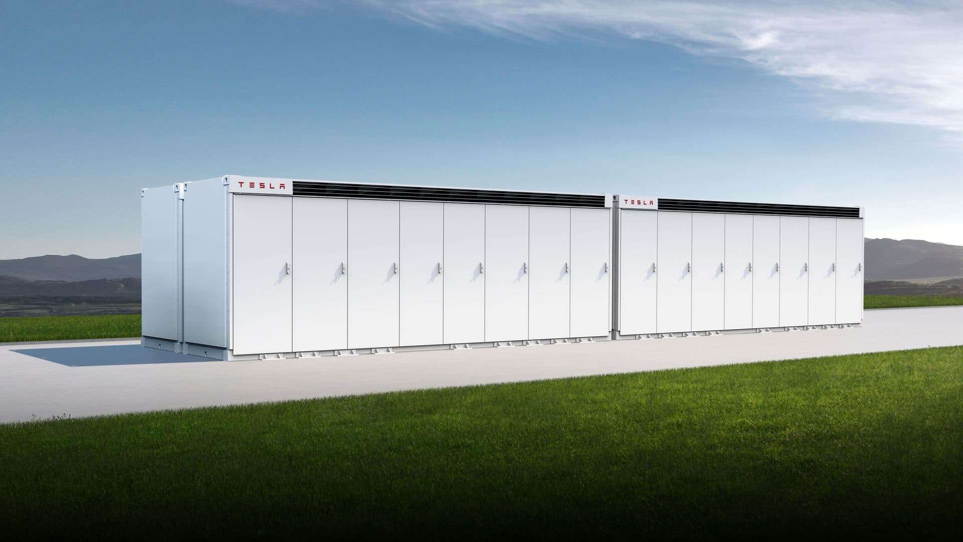 Imagem mostra uma Tesla Megapack, bateria de energia renovável de porte industrial