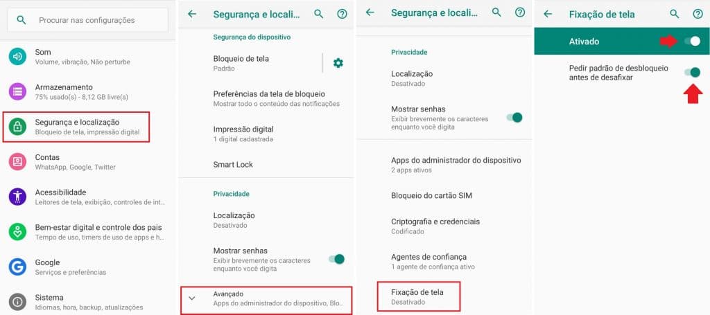 Habilitando o recurso de fixação de tela no Android