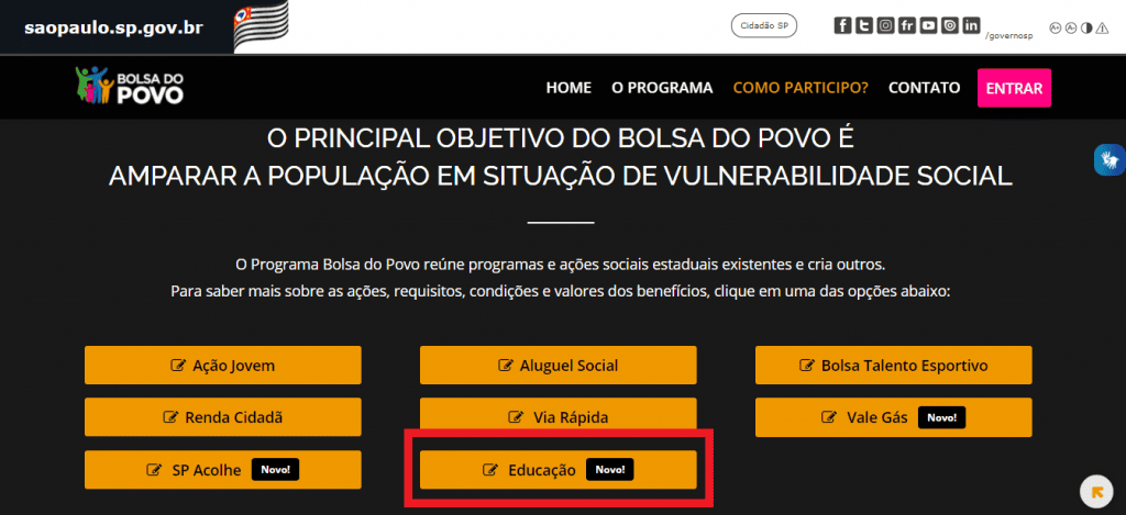 Print do site do Bolsa do Povo do governo de São Paulo