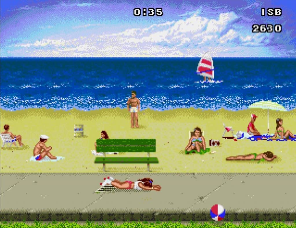 Imagem mostra versão do jogo para Mega Drive. Cena exibe patinadora caída em cenário de praia.