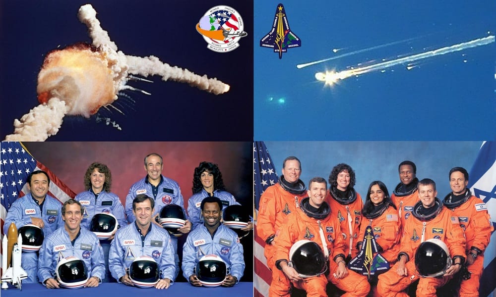 Desastres do Programa de Ônibus Espaciais da NASA e tripulação vitimada: Challenger em 1986 (Missão STS-51L) e Columbia em 2003 (Missão STS-107)