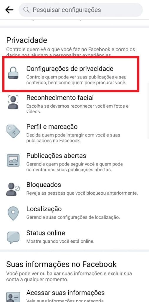 Print do aplicativo do Facebook para celulares Android