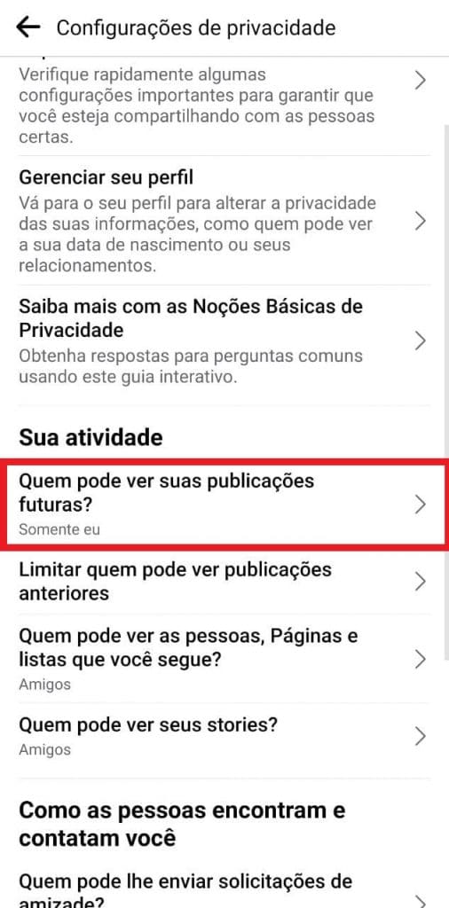 Print do aplicativo do Facebook para celulares Android