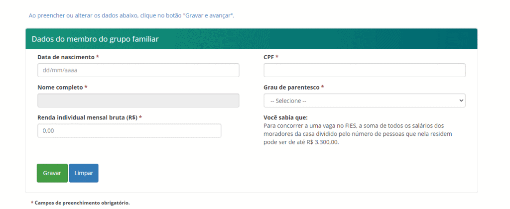 Print do portal oficial do Fies