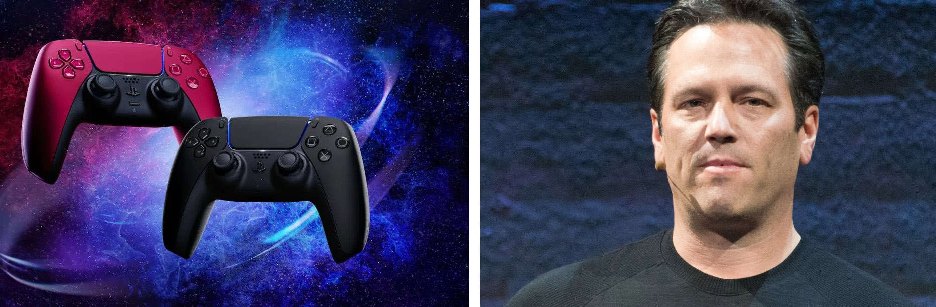 Imagem mostra montagem com DualSence e, ao lado, foto de Phil Spencer