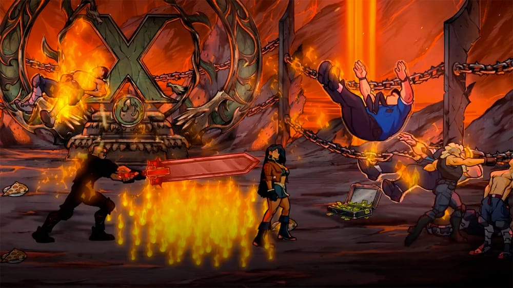 Captura de tela do jogo mostra cenário em cavena com chamas.
