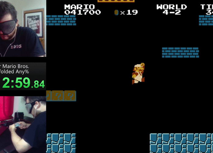 Imagem mostra tela compartilhada que exibe o jogo e mostra o speedrunner Crescendo jogando Super Mario Bros.