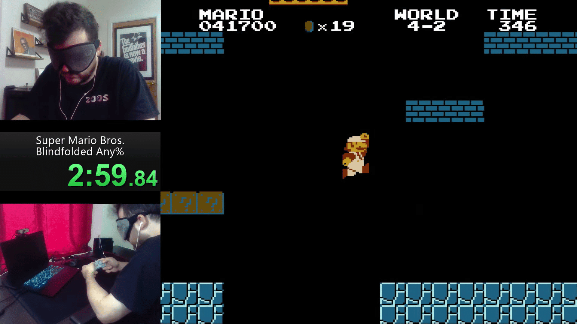 Imagem mostra tela compartilhada que exibe o jogo e mostra o speedrunner Crescendo jogando Super Mario Bros.