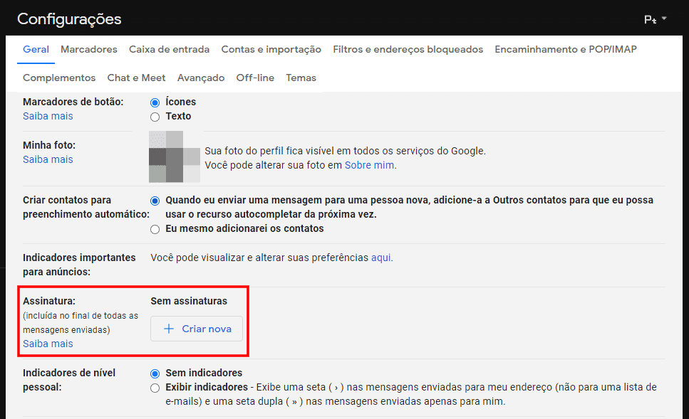 Criar uma assinatura no Gmail no PC, passo 2