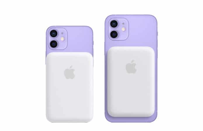Magsafe Battery Pack acoplado a um iPhone 12 Mini e um iPhone 12