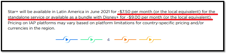 Trecho do documento 'Investor Day Star Fact Sheet’ que revela o preço do novo streaming. Imagem: disneyplusbrasil.com/Reprodução