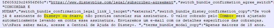 Trecho do código-fonte da página do Disney+ que confirma a presença do Combo Plus. Imagem: disneyplusbrasil.com/Reprodução