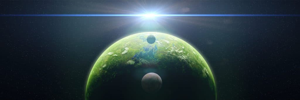 Imagem de um sistema de estrelas com exoplanetas aparecendo na parte inferior do quadro