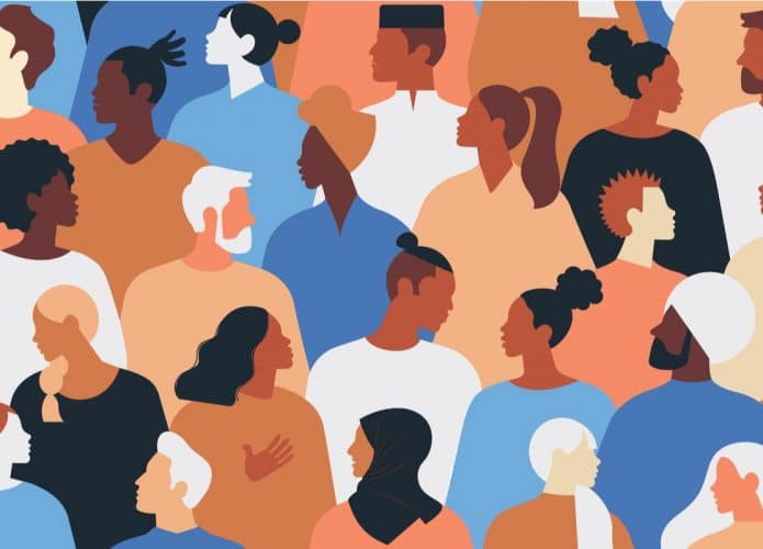 Ilustração mostra várias pessoas, de diferentes raças e gêneros, em um mural retratando inclusão