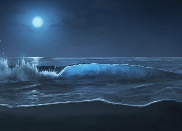 Imagem mostra o céu noturno, iluminado pela Lua, com ondas altas quebrando na água do mar