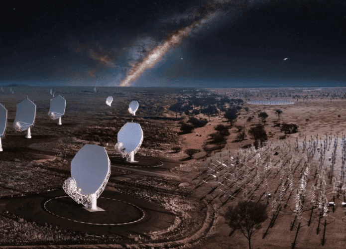 Renderização mostra visual do Observatório SKA, o maior telescópio de rádio do mundo, quando sua construção estiver finalizada