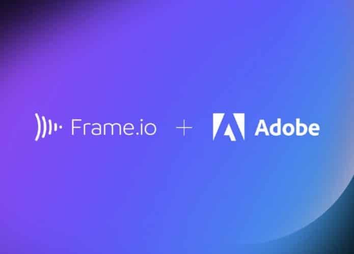 Imagem mostra os logos das empresas Adobe e Frame.io, em um fundo degradê de azul e roxo.