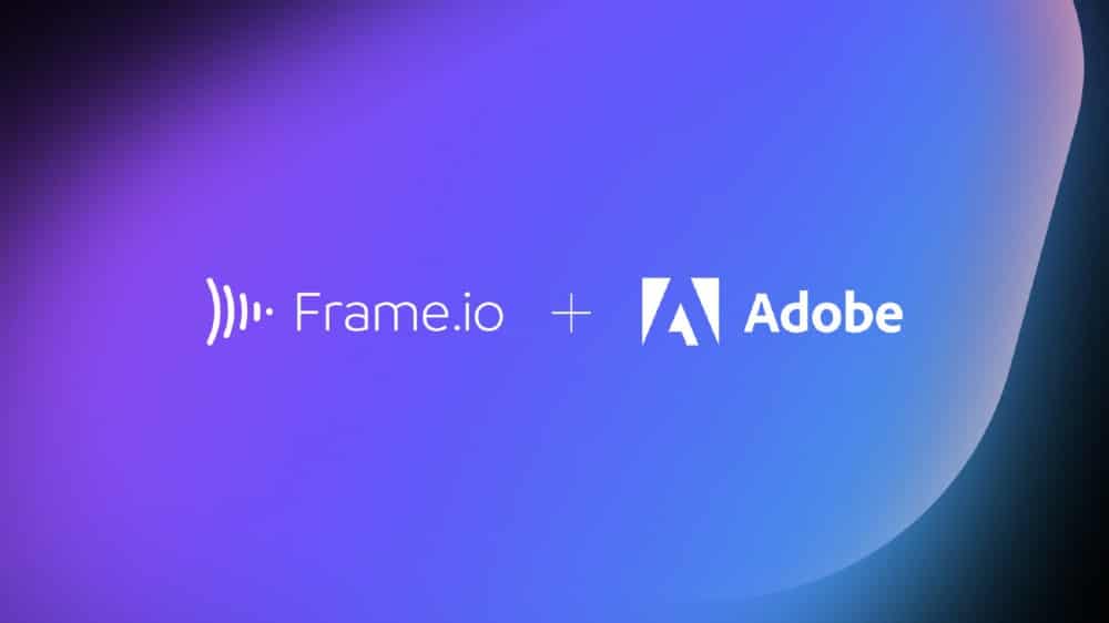 Imagem mostra os logos das empresas Adobe e Frame.io, em um fundo degradê de azul e roxo.