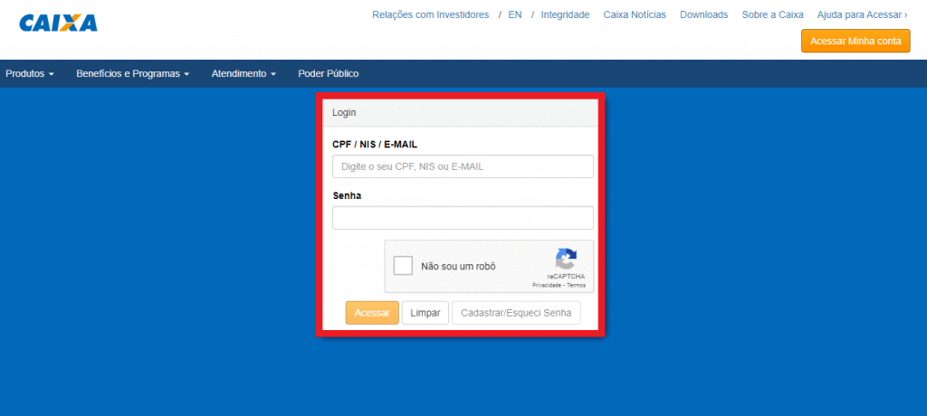 Print do portal oficial do Caixa