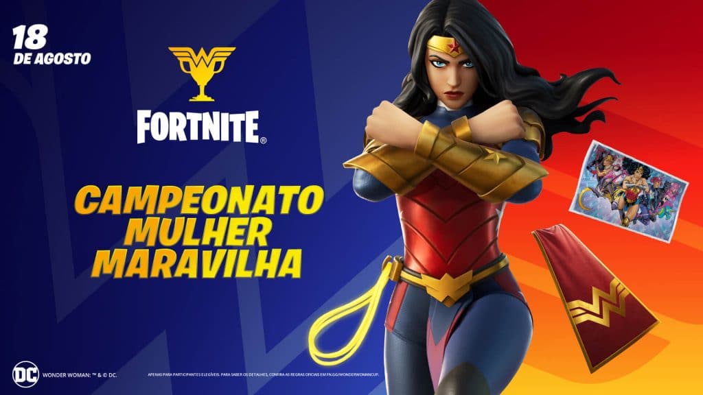 Imagem da Mulher-Maravilha como personagem do jogo 'Fortnite' junto ao título do Campeonato