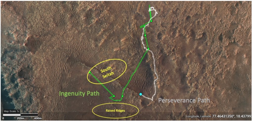 Este mapa mostra, em cinza, o caminho percorrido pelo rover Perseverance em Marte. Em verde, o caminho que o Ingenuity já sobrevoou. Imagem: Nasa/JPL