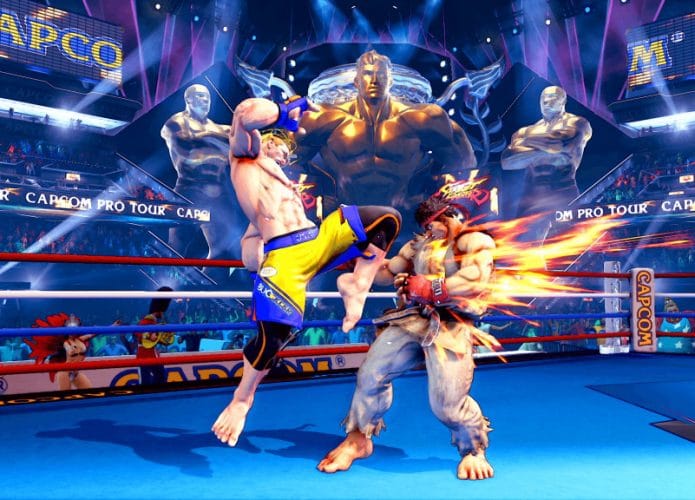 Imagem do jogo mostra Luke golpeando Ryu em arena.