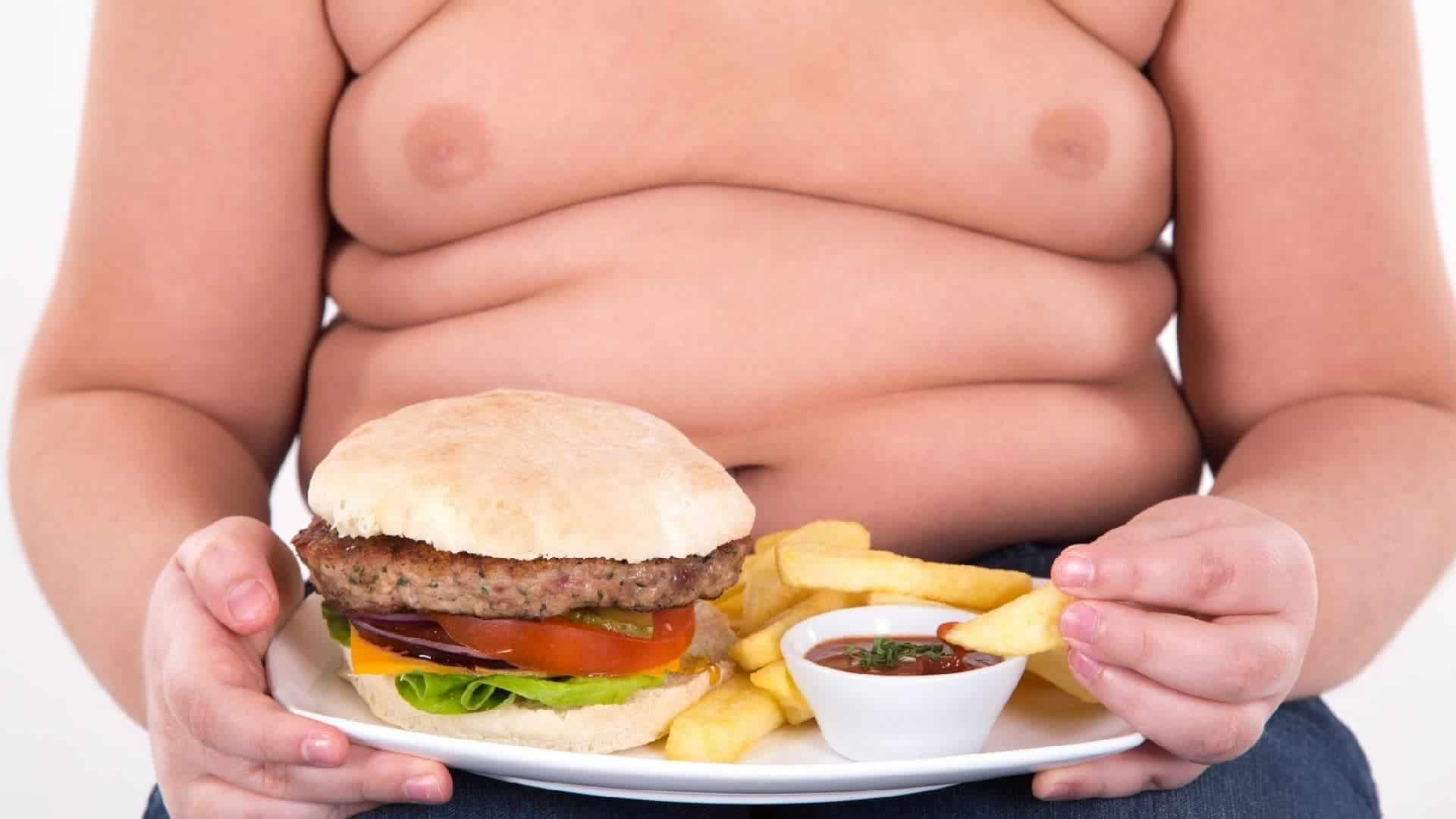 Criança comendo hambúrguer e fritas