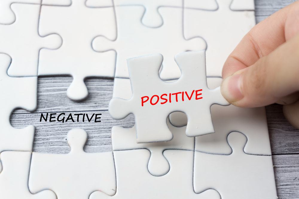 Quebra-cabeça com uma peça escrita positivo e outra escrito negativo